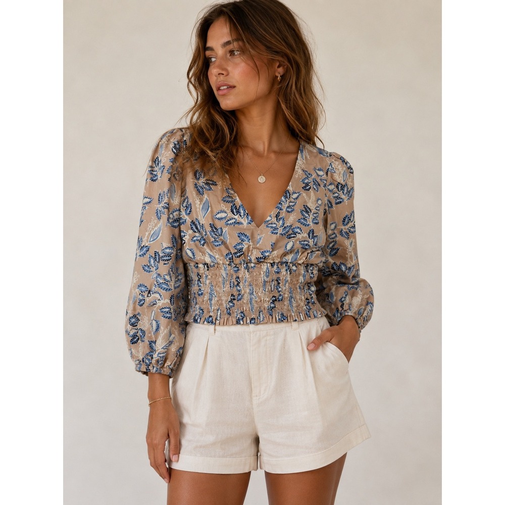 Intermix Women Tan Blue Floral Smocked Waist Puff Sleeve V-Neck Cotton Blouse P